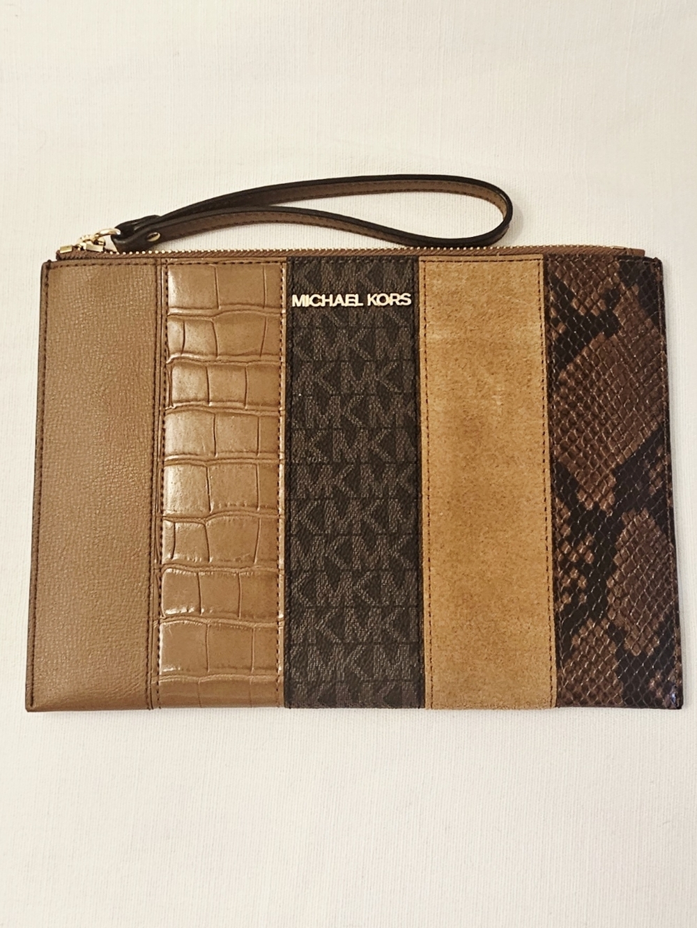 Michael Kors Tan and Brown Mixed-Material Wristlet